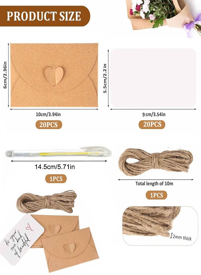 20 قطعة من الأظرف الصغيرة، أظرف من ورق الكرافت مقاس 10 × 6 سم مع إغلاق على شكل قلب، أظرف بطاقات هدايا مع بطاقات فارغة، حبال من القنب وأقلام لبطاقات المعايدة، بطاقات هدايا، دعوات حفلات، بطاقات شكر DIY - Image 2