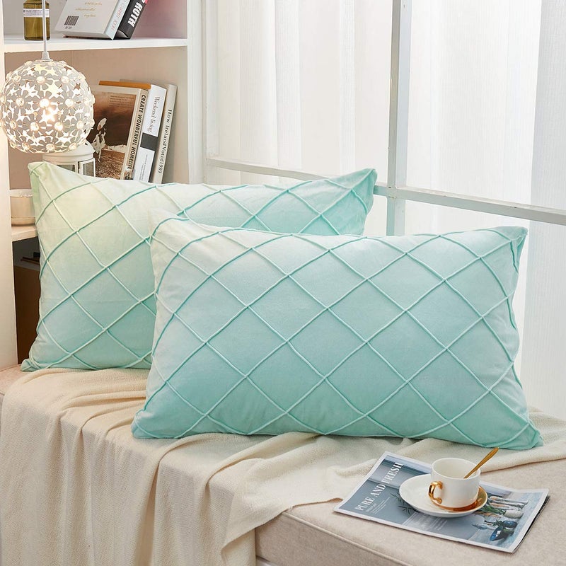 JAUXIO Diamond Pinch Pleated Crystal Velvet Pillowcases 2 Pack Solid Pintuck Throw Cushion Cover for Home Decor Hidden Zipper Closure (Mint Aqua  Standard)