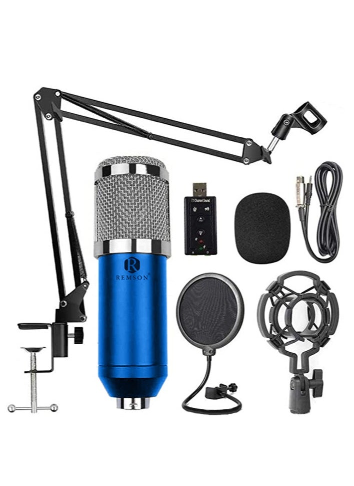 Remson Remson Microphone Condenser Studio Set Microphone Condenser Kit with Adjustable Microphone Suspension Scissor Arm Shock mount And Double-Layer Pop Filter For Recording and Broadcasting (Silver/Blue)  - Image 1