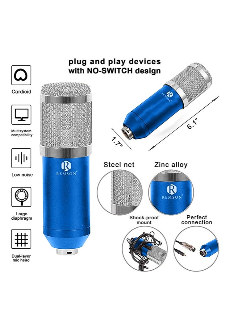 Remson Remson Microphone Condenser Studio Set Microphone Condenser Kit with Adjustable Microphone Suspension Scissor Arm Shock mount And Double-Layer Pop Filter For Recording and Broadcasting (Silver/Blue)  - Image 2