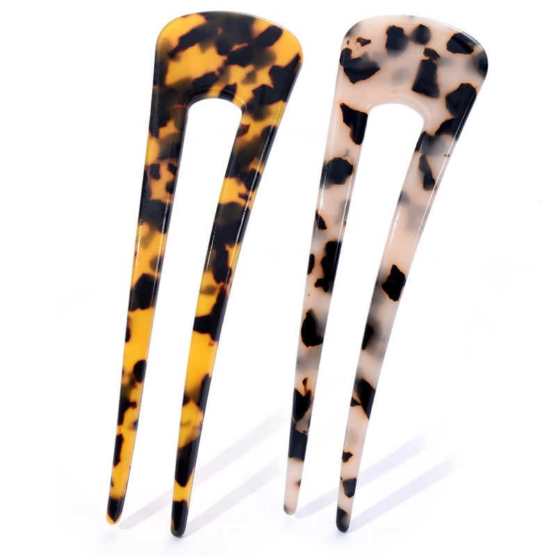 Fsmiling French Hair Pins Tortoise Shell French Hair Forks U Shaped French Pins 2 Prong Hair Sticks Acetate Chignon Pin for Women Hairstyle Accessories 2 Pack - Image 1