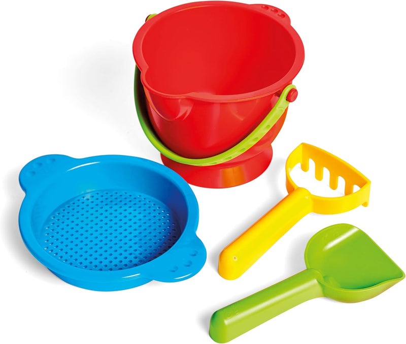 Hape Beach Basics Sand Toy Set Including Bucket Sifter, Rake And Shovel Toys for Kids, 4-Piece Set of Beach and Sand Toys for Toddlers, Multicolor, Ages 18 Months and Up - Image 1