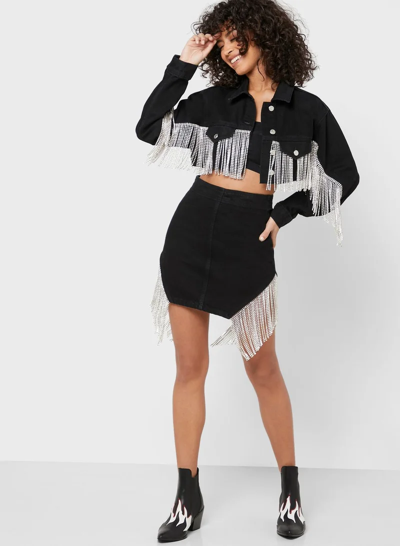 TOPSHOP Fringe Detail Denim Skirt