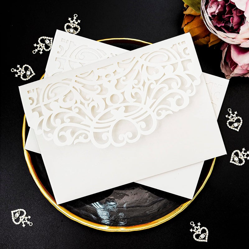 Builcker 20 pcs Laser Cut Wedding Invitations Cards Pockets With Envelope Seal Floral Design for Wedding Party Bridal Shower Birthday Quinceaera Invite White
