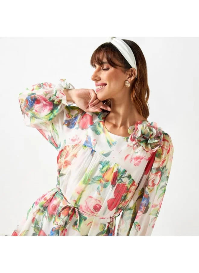2Xtremz 2Xtremz All-Over Print Dress with Volume Sleeves and Tie-Up Belt