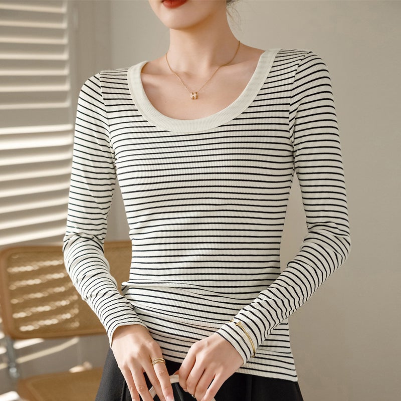 Selection Pure Cotton Stripesd T-Shirt Women's Long-Sleeved 2025 Autumn and Winter New Round Neck Right Shoulder Top Slim Slim Bottoming Shirt - Image 1