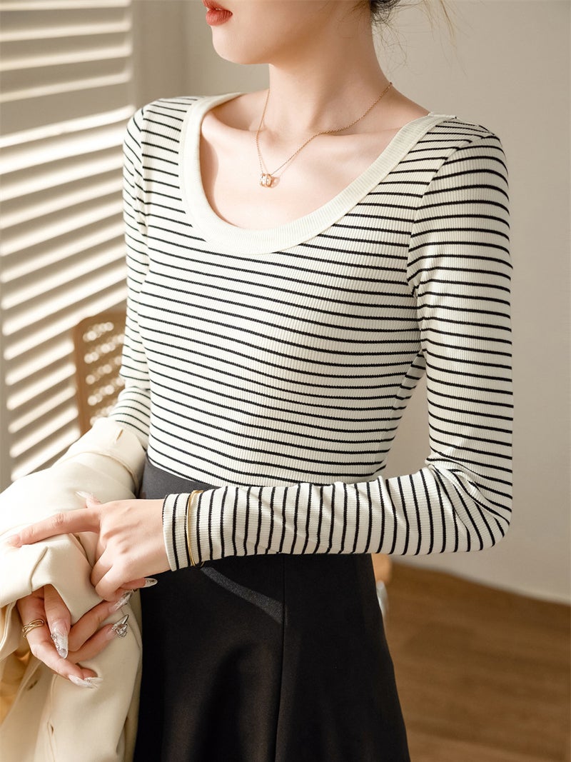 Selection Pure Cotton Stripesd T-Shirt Women's Long-Sleeved 2025 Autumn and Winter New Round Neck Right Shoulder Top Slim Slim Bottoming Shirt - Image 2