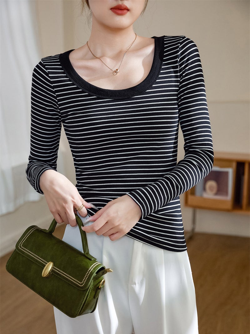 Selection Pure Cotton Stripesd T-Shirt Women's Long-Sleeved 2025 Autumn and Winter New Round Neck Right Shoulder Top Slim Slim Bottoming Shirt - Image 3
