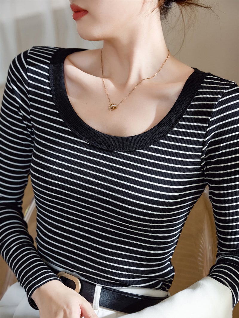 Selection Pure Cotton Stripesd T-Shirt Women's Long-Sleeved 2025 Autumn and Winter New Round Neck Right Shoulder Top Slim Slim Bottoming Shirt - Image 5