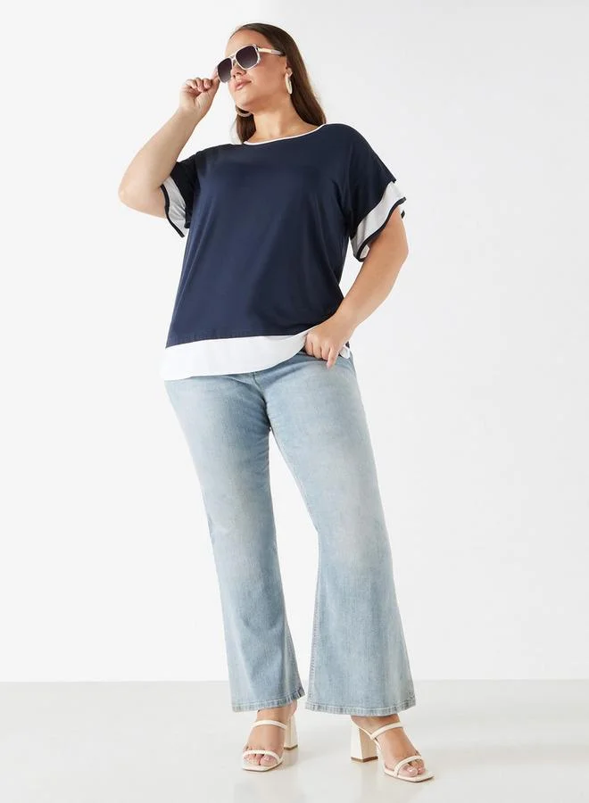 Ulla Popken Plus Size Ulla Popken Colourblock Top with Ruffle Detail