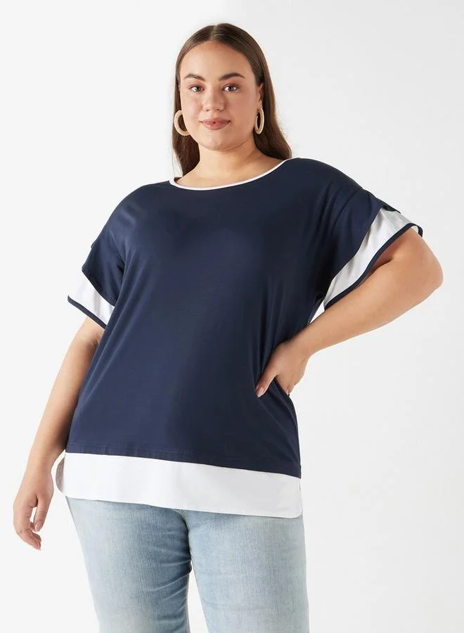 Ulla Popken Plus Size Ulla Popken Colourblock Top with Ruffle Detail