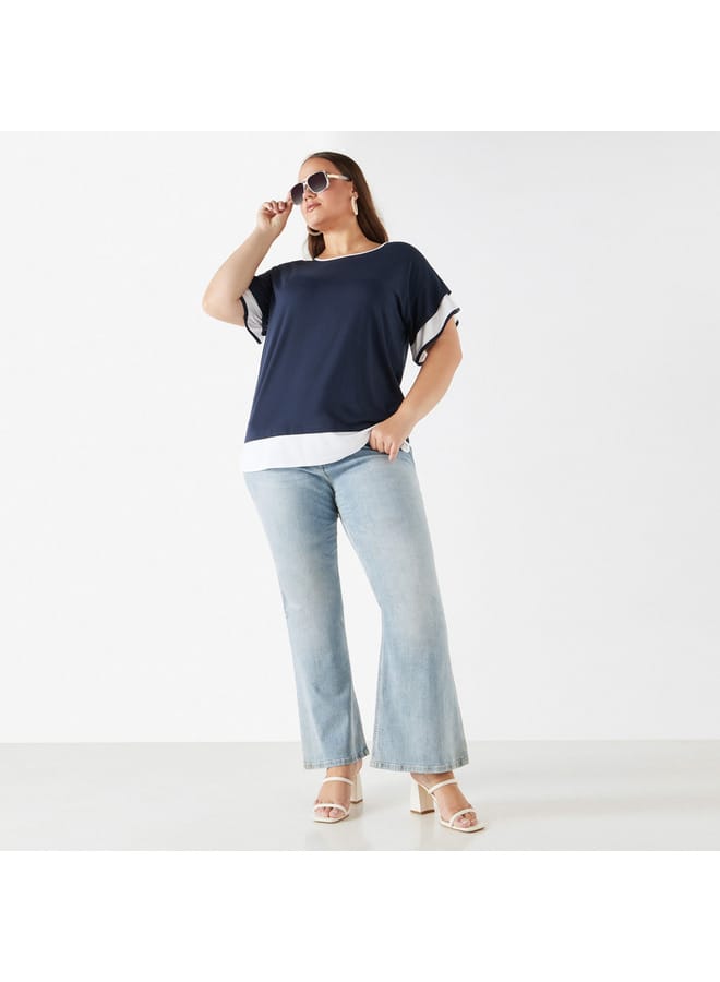 Ulla Popken Plus Size Ulla Popken Colourblock Top with Ruffle Detail  - Image 2