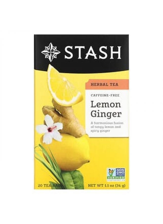 Stash Tea - Stash Tea, Herbal Tea, Lemon Ginger, Caffeine Free, 20 Tea Bags, 1.1 oz (34 g) - Image 1