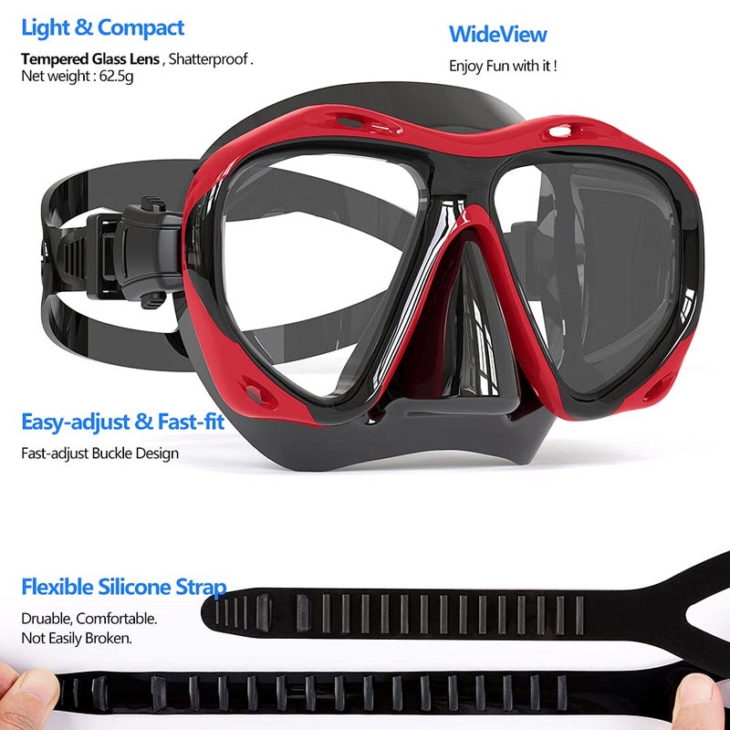 COPOZZ Scuba Mask, No Fogging Snorkeling Scuba Dive Glasses, Great Seal Free Diving Tempered Glass Mask Goggles (Red) - Image 4