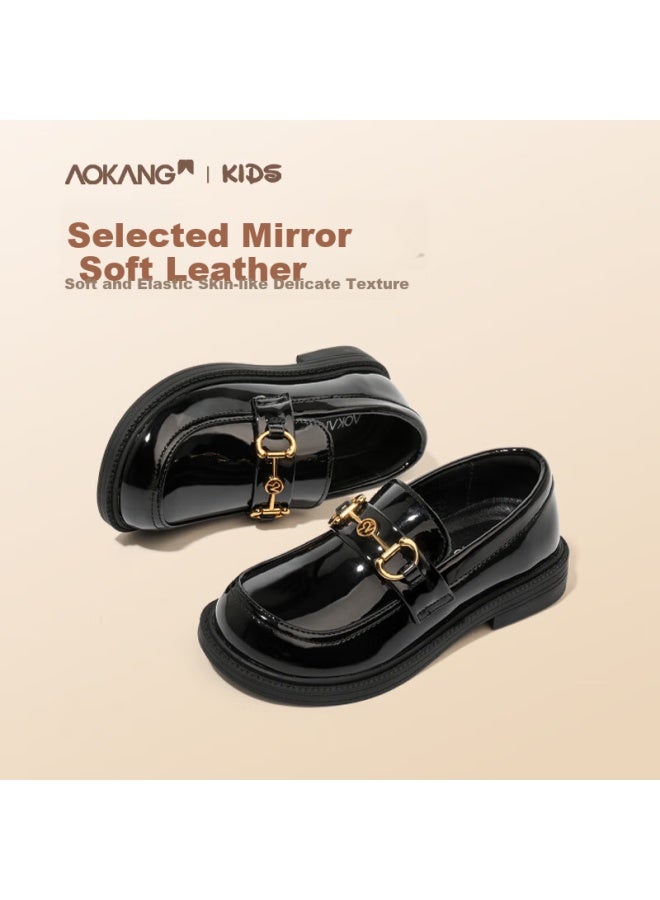 Aokang Kids Girls Black Leather Shoes  Spring New Soft Sole Girls Loafers British Style Single Shoes - Image 1
