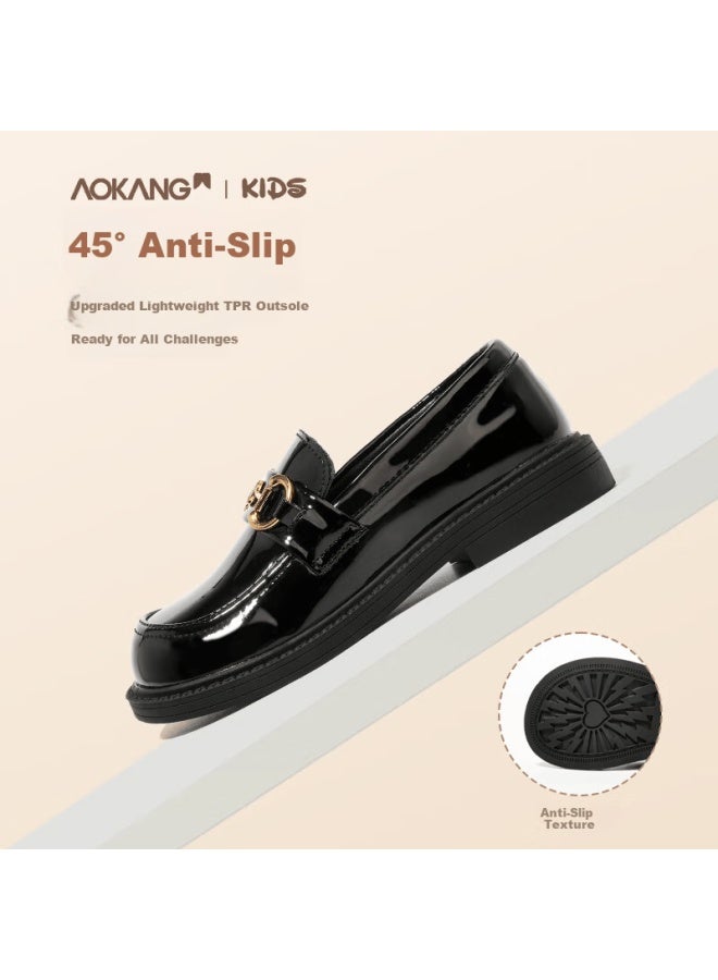 Aokang Kids Girls Black Leather Shoes  Spring New Soft Sole Girls Loafers British Style Single Shoes - Image 2