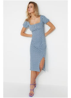 Navy Blue Printed Slit Detailed Fitted Square Neck Midi Knitted Dress TWOSS23EL00713