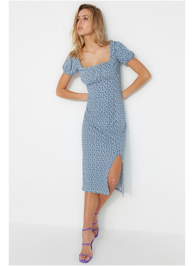 trendyol - Navy Blue Printed Slit Detailed Fitted Square Neck Midi Knitted Dress TWOSS23EL00713 - Image 1