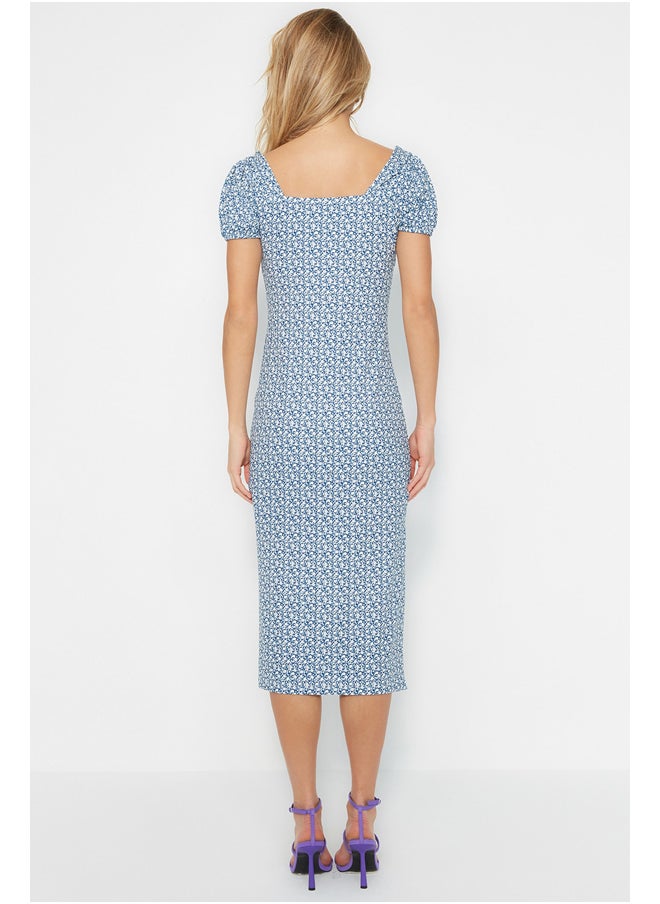 trendyol - Navy Blue Printed Slit Detailed Fitted Square Neck Midi Knitted Dress TWOSS23EL00713 - Image 1