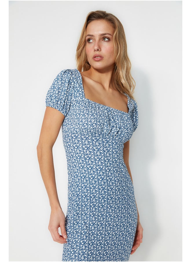 trendyol - Navy Blue Printed Slit Detailed Fitted Square Neck Midi Knitted Dress TWOSS23EL00713 - Image 1
