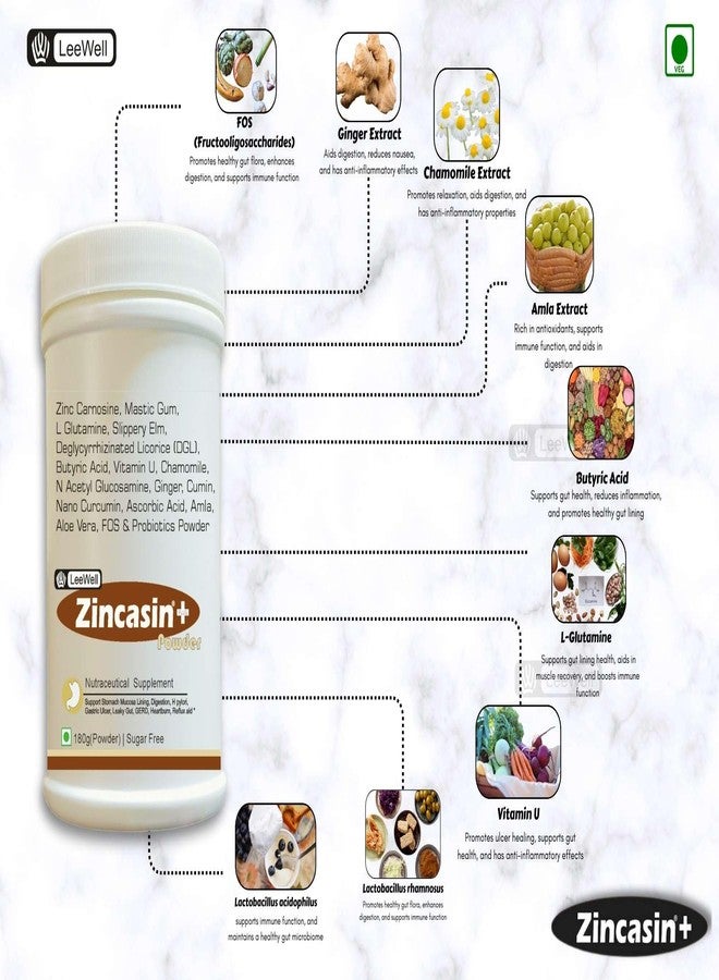 Zincasin® +Plus Powder Advanced Gut Health Supplement | Leaky Gut Care, Acid Reflux, Stomach Ulcer, Gastric Mucosa Lining Protection | H Pylori & Digestive tract health | Zinc Carnosine, Mastic Gum, Licorice Root (DGL), L Glutamine, Vitamin U, N-Acetyl Glucosamine, Slippery Elm, Butyric Acid, Probiotics -180gram (Sugar-free) - Image 5