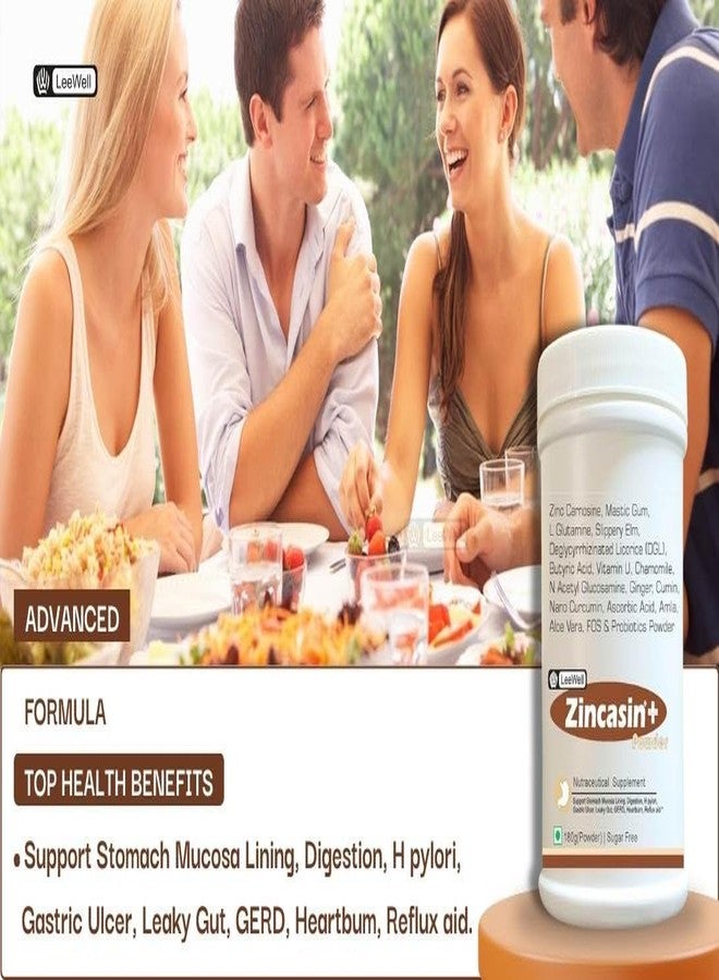 Zincasin® +Plus Powder Advanced Gut Health Supplement | Leaky Gut Care, Acid Reflux, Stomach Ulcer, Gastric Mucosa Lining Protection | H Pylori & Digestive tract health | Zinc Carnosine, Mastic Gum, Licorice Root (DGL), L Glutamine, Vitamin U, N-Acetyl Glucosamine, Slippery Elm, Butyric Acid, Probiotics -180gram (Sugar-free) - Image 2