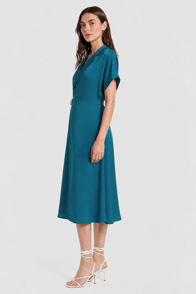 Kathy Ireland Women Textured Wrap Dress, Teal Blue - Image 4