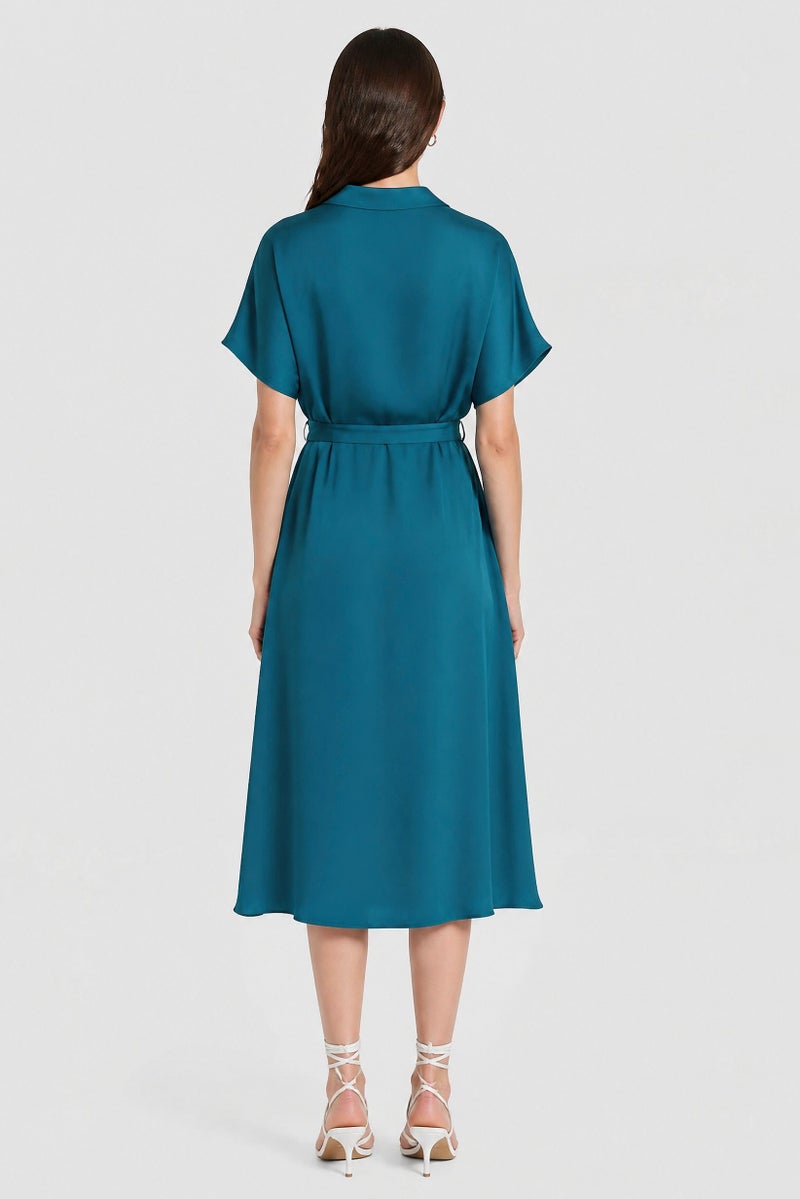 Kathy Ireland Women Textured Wrap Dress, Teal Blue - Image 3