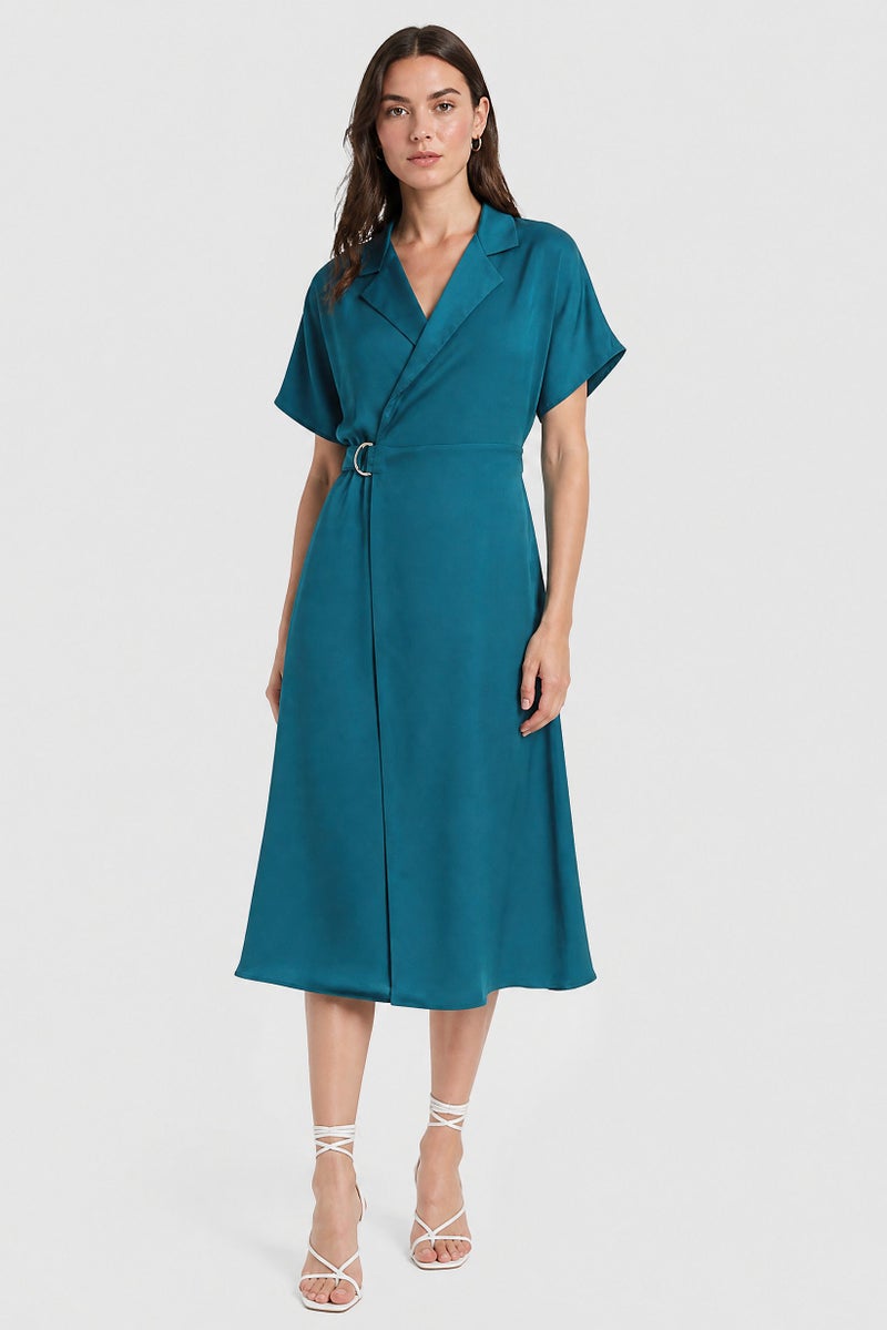 Kathy Ireland Women Textured Wrap Dress, Teal Blue - Image 1