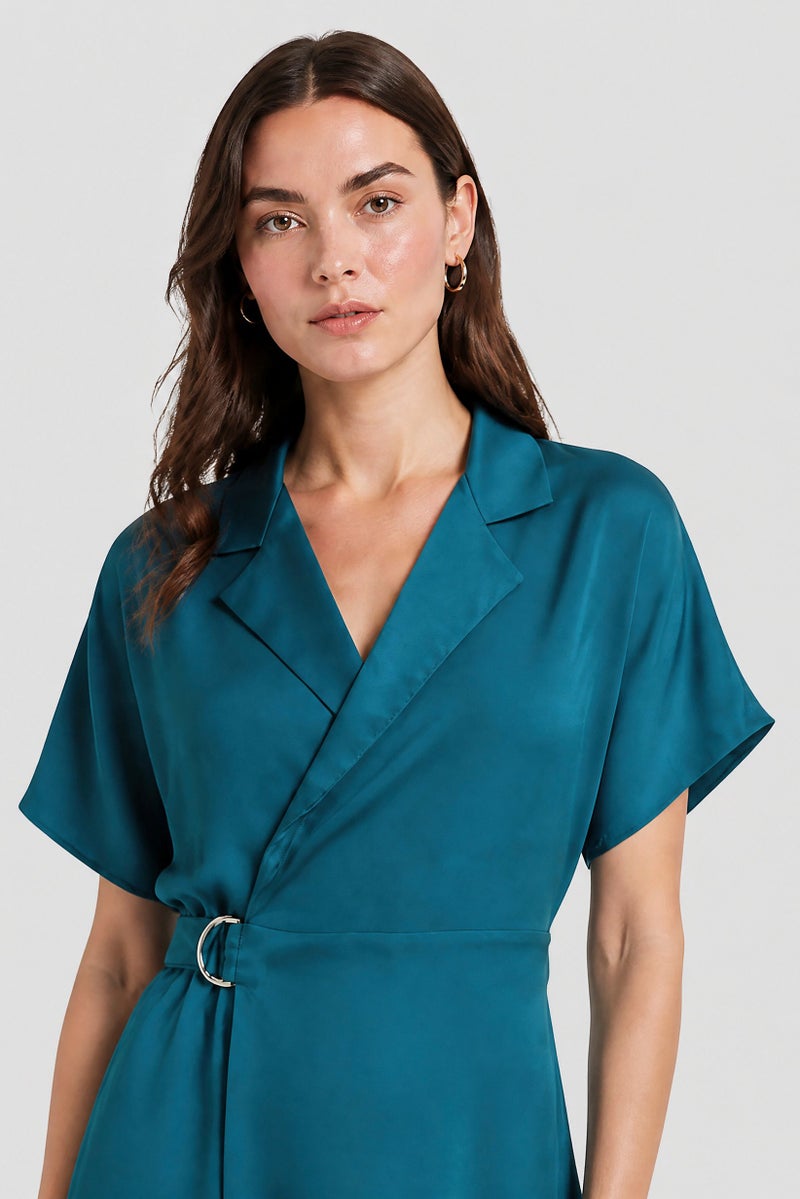 Kathy Ireland Women Textured Wrap Dress, Teal Blue - Image 5