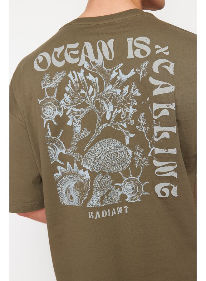 Khaki Oversize/Wide-Fit Back Fluffy Text Printed 100% Cotton T-shirt TMNSS24TS00052