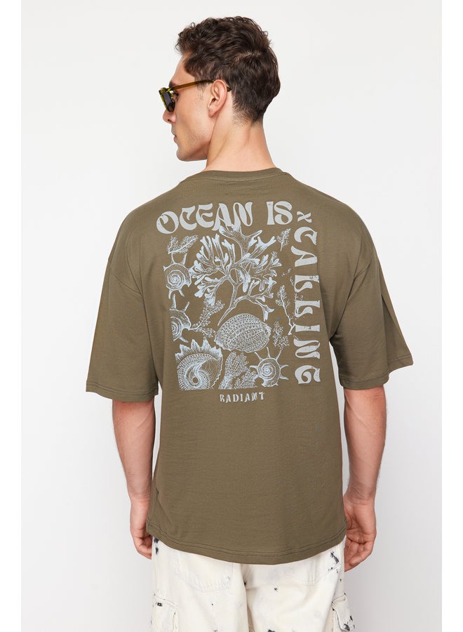 Khaki Oversize/Wide-Fit Back Fluffy Text Printed 100% Cotton T-shirt TMNSS24TS00052