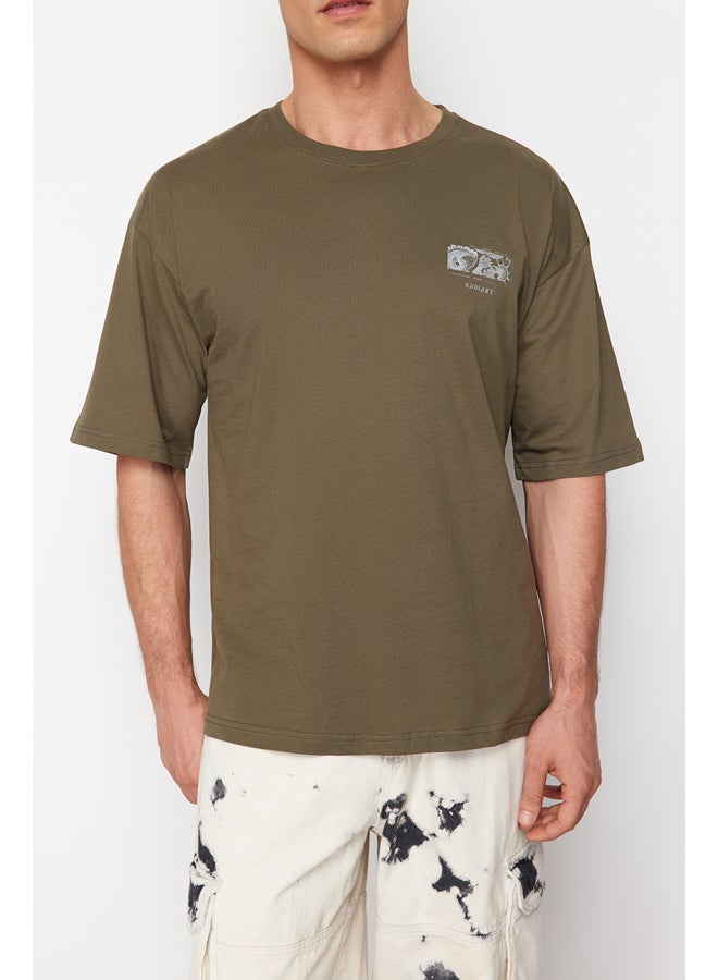 Khaki Oversize/Wide-Fit Back Fluffy Text Printed 100% Cotton T-shirt TMNSS24TS00052