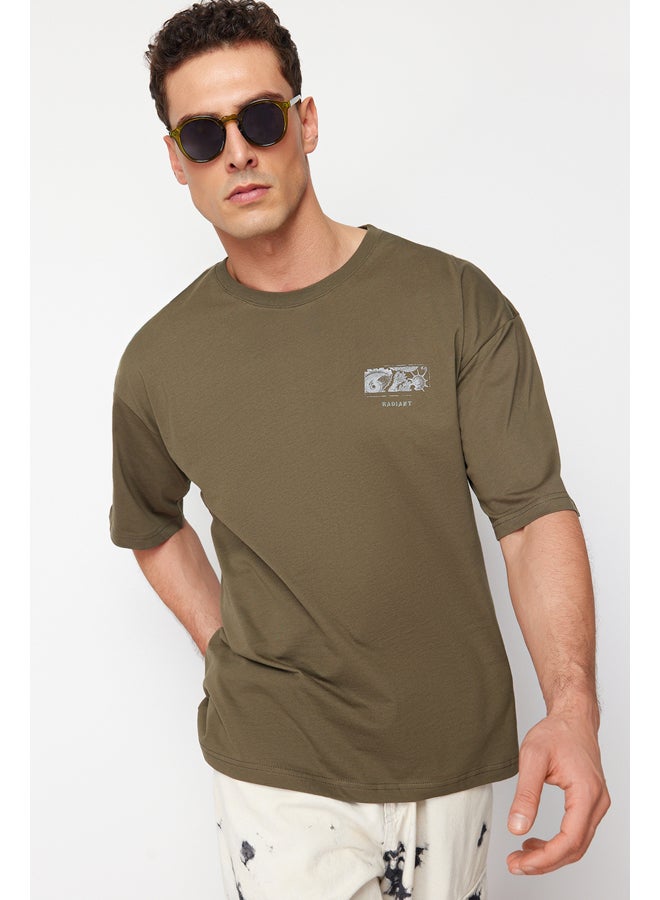 Khaki Oversize/Wide-Fit Back Fluffy Text Printed 100% Cotton T-shirt TMNSS24TS00052
