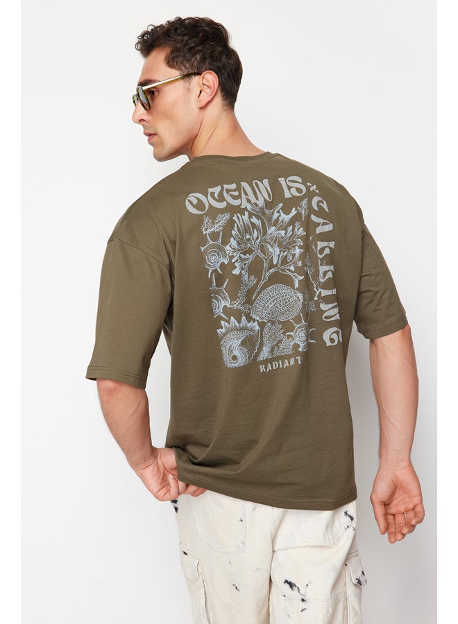 Khaki Oversize/Wide-Fit Back Fluffy Text Printed 100% Cotton T-shirt TMNSS24TS00052