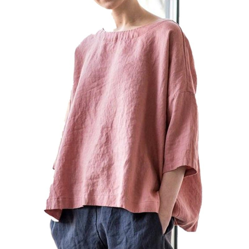 2022 Export Women'S Round Neck Cotton And Linen Loose Top Versatile Literary Retro Style Blouse Top - Image 4