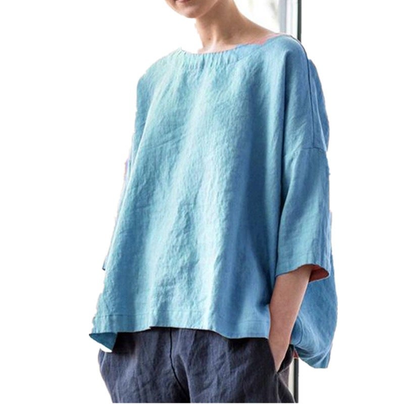 2022 Export Women'S Round Neck Cotton And Linen Loose Top Versatile Literary Retro Style Blouse Top - Image 3