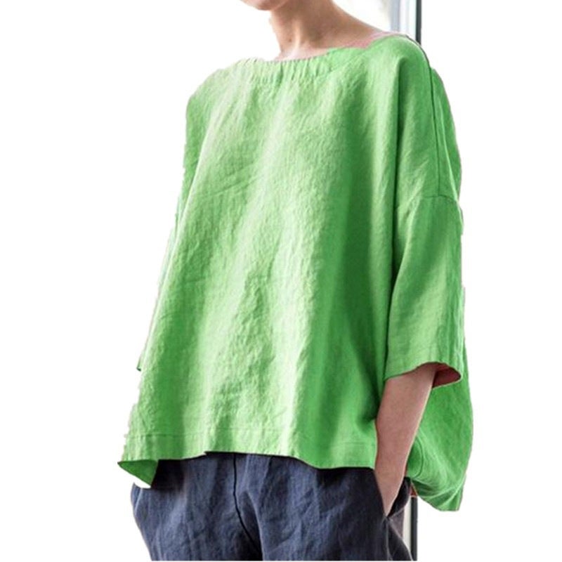 2022 Export Women'S Round Neck Cotton And Linen Loose Top Versatile Literary Retro Style Blouse Top - Image 5