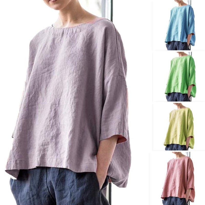 2022 Export Women'S Round Neck Cotton And Linen Loose Top Versatile Literary Retro Style Blouse Top - Image 2