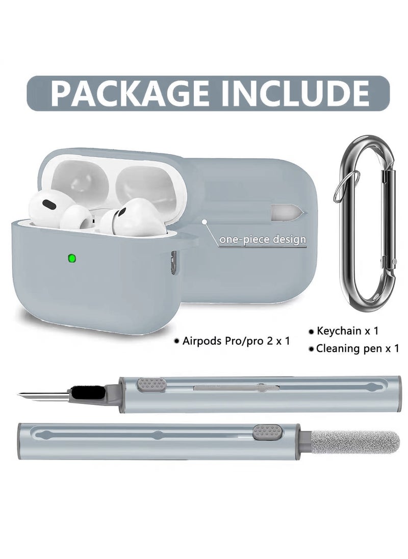 Generic - Drop and Fingerprint Resistant Soft Silicone Case for AirPods Pro 2/Pro with Cleaning Kit and Keychain (Gray) - Image 1