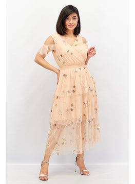 VERO MODA Women Embroidered Cold Shoulder Midi Dress, Spanish Villa  - Image 1
