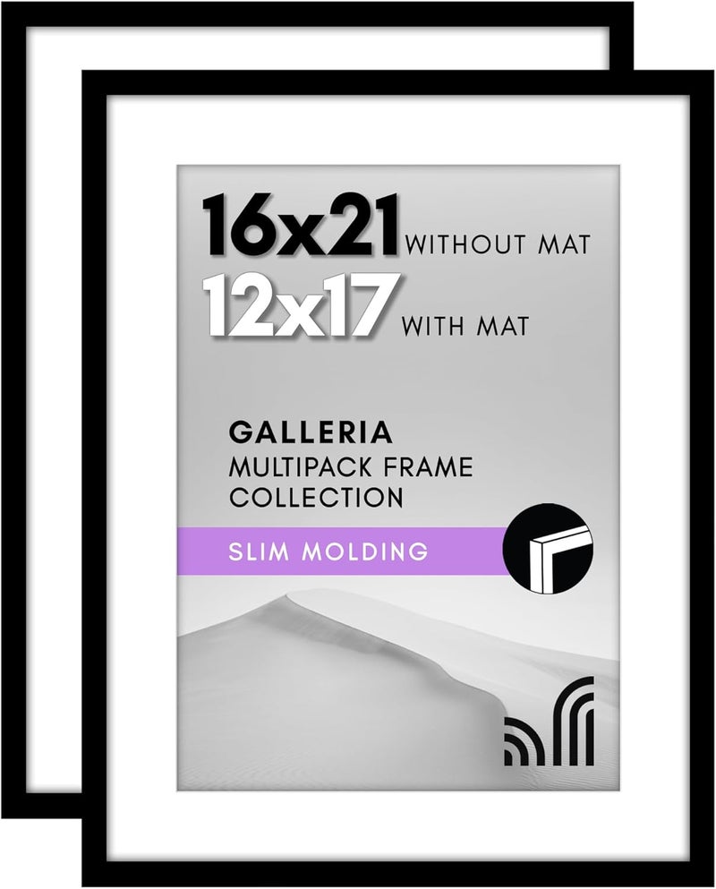 Americanflat 16x21 Poster Frame Set of 2 in Black - Use as 12x17 Picture Frame with Mat or 16x21 Frame Without Mat - Collage Picture Frames with Plexiglass Cover for Horizontal or Vertical Display - Image 1