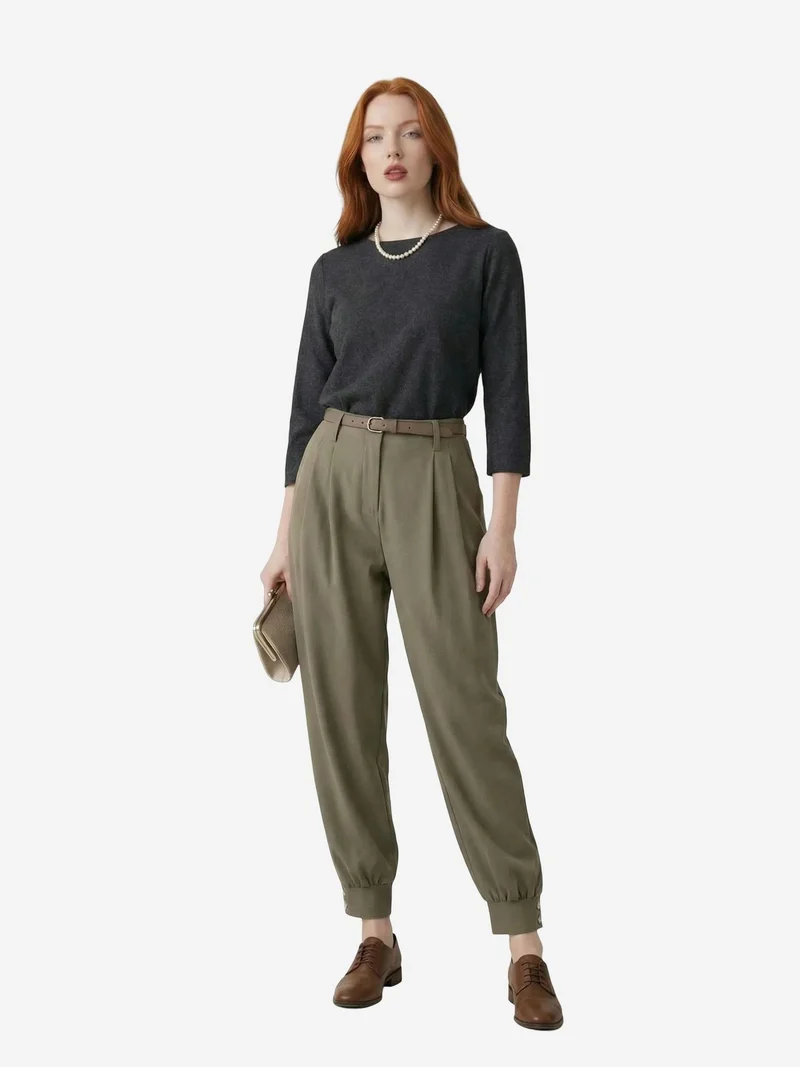 My Fashion Khaki Green MY FASHION Belted Buttoned Leg Tailored Trousers for Women | Best Price UAE