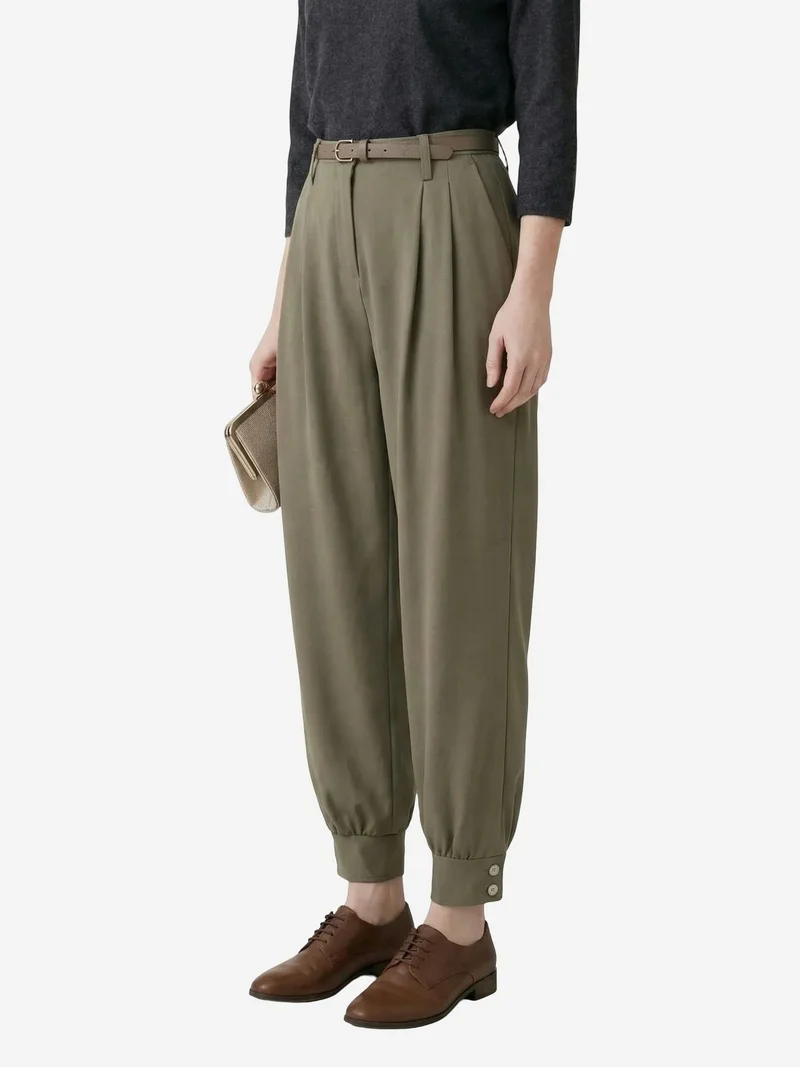 My Fashion Khaki Green MY FASHION Belted Buttoned Leg Tailored Trousers for Women | Best Price UAE