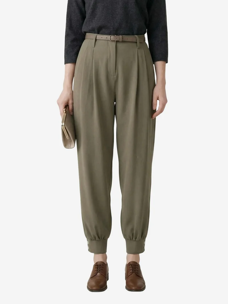 My Fashion Khaki Green MY FASHION Belted Buttoned Leg Tailored Trousers for Women | Best Price UAE