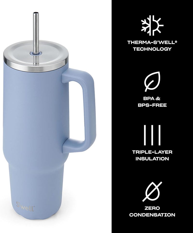 S'well Recycled Stainless Steel Tumbler XL with Straw and Handle, 40oz, Hydrangea Blue, Triple Layered Vacuum Insulated Containers Keeps Drinks Cold for 50 hours, Hot for 10, and Iced for 4 days - Image 2