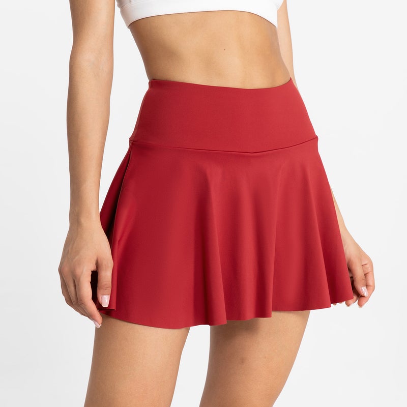 Generic Breathable Yoga Mini Skirt Short Anti-Exposure With Pockets Wine Red 