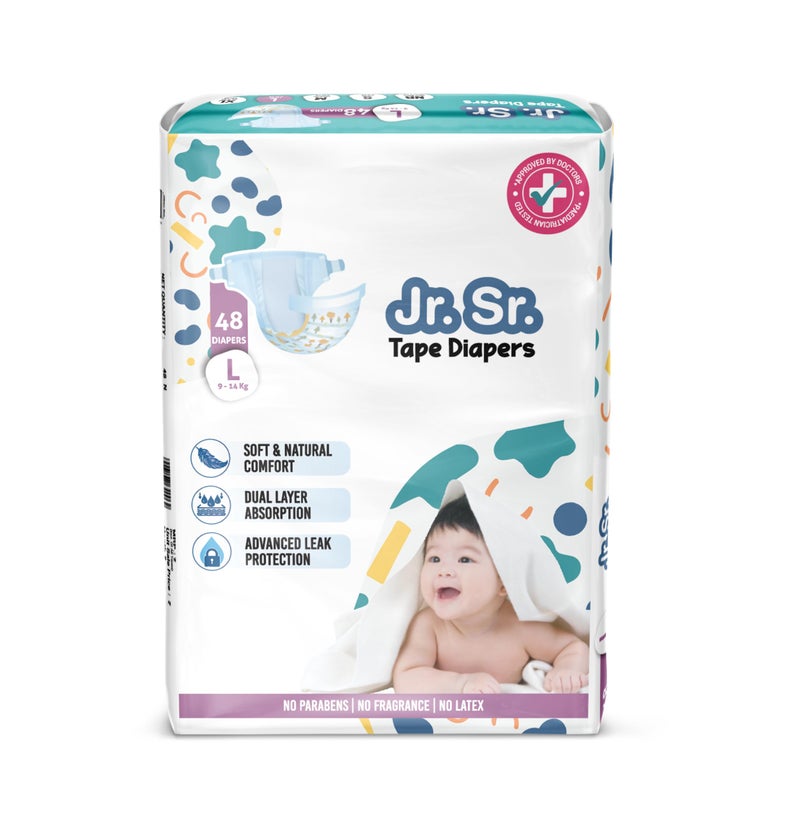 Jr. Sr. Baby Tape Style Diaper | Adjustable Fit For Babies | Large (L) Size (9-14 kg), 48 Count | Pack of 1 | Upto 12 hr Absorption with Advanced Leak Protection | Soft & Comfy - Image 1