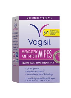 Vagisil Anti-Itch Medicated Feminine Intimate Wipes for Women, Maximum Strength, Gynecologist Tested, 12 Wipes (Pack of 1)  - Image 1