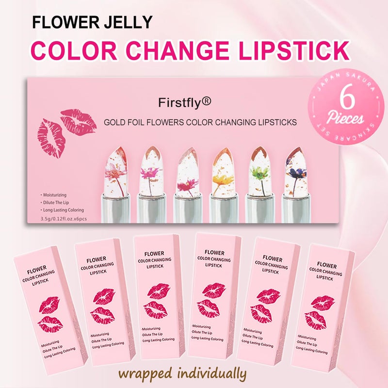 firstfly Pack of 6 Crystal Flower Jelly Lipstick, Long Lasting Nutritious Lip Balm Lips Moisturizer Magic Temperature Color Change Lip Gloss (Pink) - Image 2